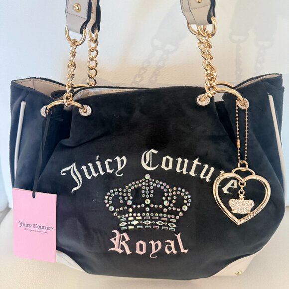 NWT Juicy Couture Kingdom Tote shoulder bag w pave crown Black Velour - Picture 1 of 6